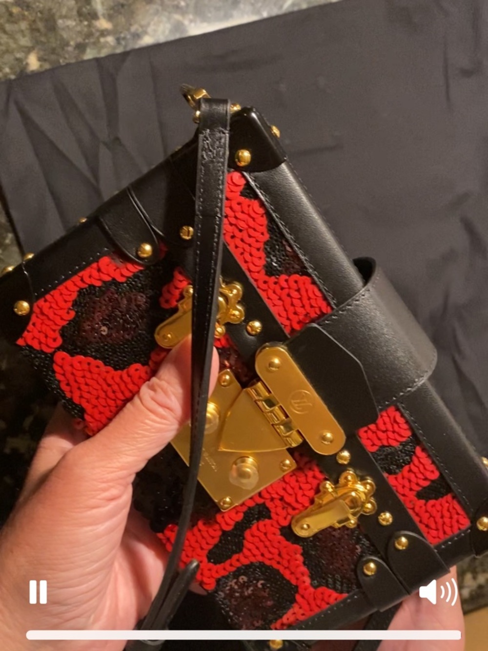 Louis Vuitton Black & Red Sequin Petite Trunk Clutch with Gold Hardware - Picture 8 of 13